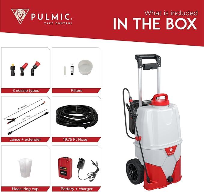 PULMIC Electric Sprayer Pegasus 35. 9.25-Gallon Cart Sprayer. 3 Application Speeds Up to 60 PSI Pressure. 18V Removable Lithium Battery. Up to 7 Hours of Autonomy. 20 ft Hose and Accessories Included
