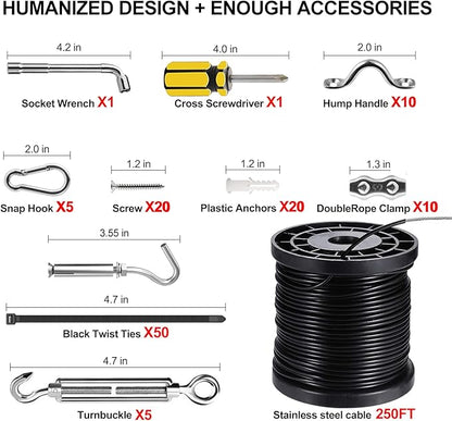 BLIKA String Light Hanging Kits, 250FT Coated Stainless Steel 304 Wire Rope, Outdoor Light Guide Wire, Globe String Light Suspension Kit Included Turnbuckles, Enough Accessories, Use Manual