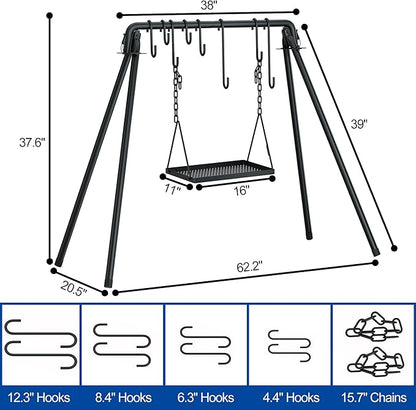 RELIANCER Grill Swing,Campfire Grill Cooking Stand w/8 Hooks & Storage Bag,Cast Iron BBQ Party Swing Grilling Cooking Rack,Outdoor Picnic Camping Cookware Hanging Rack,Collapsible Bonfire Barbecue Set