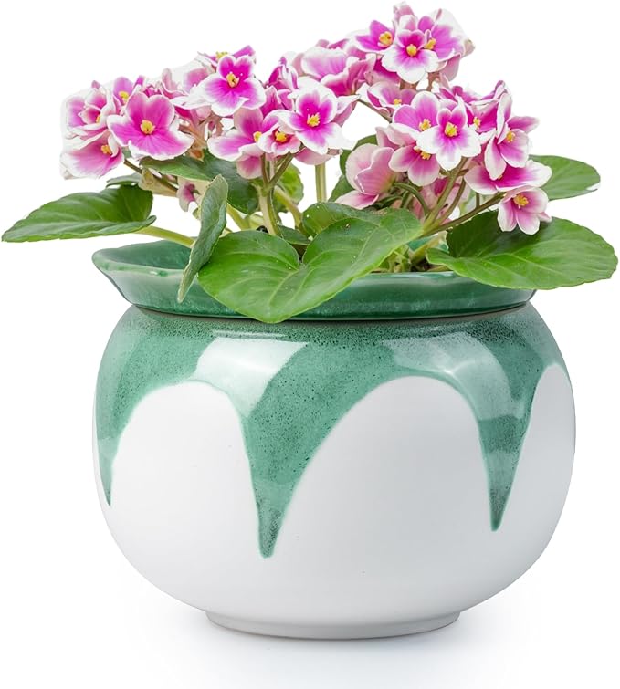 African Violet Pots, 6 Inch Self Watering Pots for Indoor Plants, Easy Plant Self Watering Planter, Ceramic Plant Pot with Absorbent Inner Pot for Flowers - Gradient Green (No Plants)