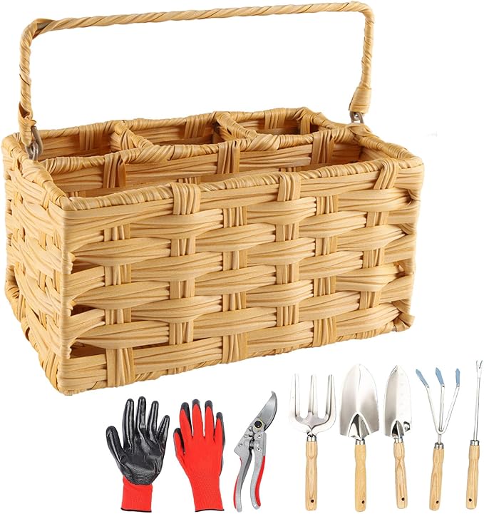 Garden Tools 8-Piece,Wicker Garden Basket with Handle,Gardening Tool Set Gardening Supplies,Outdoor Weed Puller Tool Organizer,Ideal Gifts for Women Men