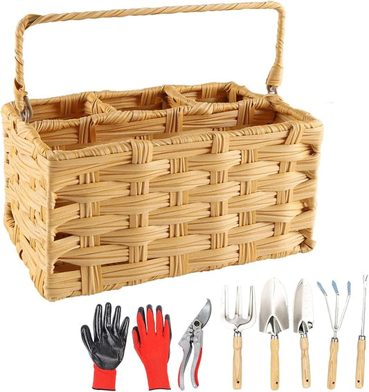 Garden Tools 8-Piece,Wicker Garden Basket with Handle,Gardening Tool Set Gardening Supplies,Outdoor Weed Puller Tool Organizer,Ideal Gifts for Women Men