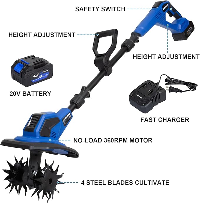 BILT HARD 20V Cordless Tiller Cultivator, 8-inch Wide Battery Powered Garden Cultivator, 300RPM Electric Tiller for Lawn, Gardening, Soil Cultivation (4.0AH Battery and Charger Included)