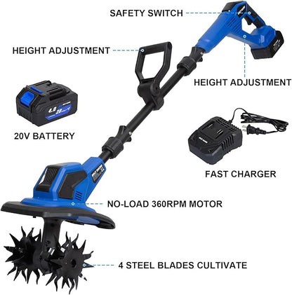 BILT HARD 20V Cordless Tiller Cultivator, 8-inch Wide Battery Powered Garden Cultivator, 300RPM Electric Tiller for Lawn, Gardening, Soil Cultivation (4.0AH Battery and Charger Included)