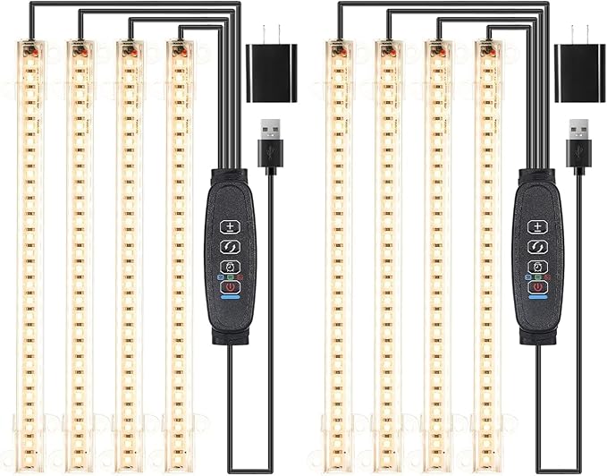 8.6'' LED Plant Growing Light Strips, Full Spectrum 3500K Grow Light for Indoor Plants with 3/9/12H Timer, 10 Dimmable Levels for Seedling Succulent and Plant Shelf, 4 Head 2 Pack