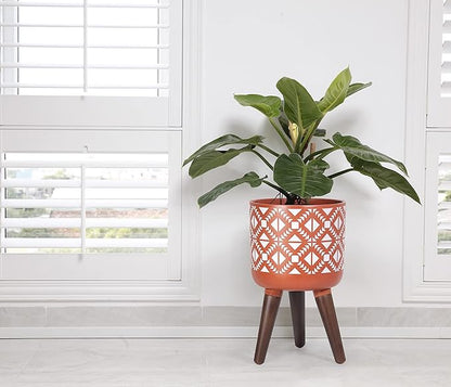 D'vine Dev 8 Inch Planter Pot with Stand, Mid-Century Tall Plant Pot with Legs for Indoor Plants, Pottery Red Terracotta/White, 88-G-A-5