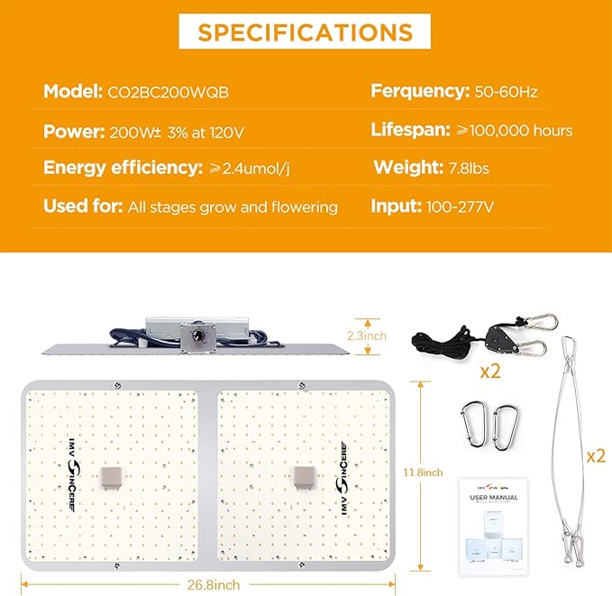 IMVSINCERE LED Grow Lights, BC200W Full-Spectrum LED Grow Light with Samsung Diodes Dimmable