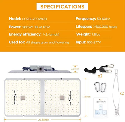 IMVSINCERE LED Grow Lights, BC200W Full-Spectrum LED Grow Light with Samsung Diodes Dimmable