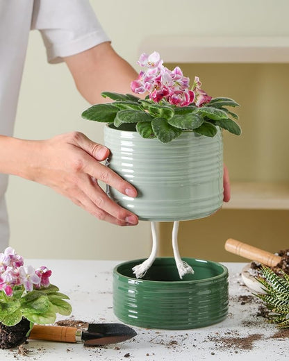 Self Watering Pots for Indoor Plants, 6 Inch Ceramic Self Watering Plant Pot, Planter Pot with Wick Rope and Drainage Hole for African Violet Succulent Herbs (Green Light)