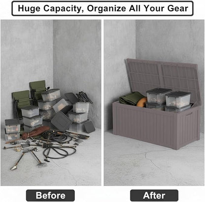 150 Gallon Resin Deck Box with Lockable Lid - Outdoor Waterproof Storage for Patio Furniture, Garden Tools, Cushions & Pool Accessories, Wood Grain Design, Easy Assembly