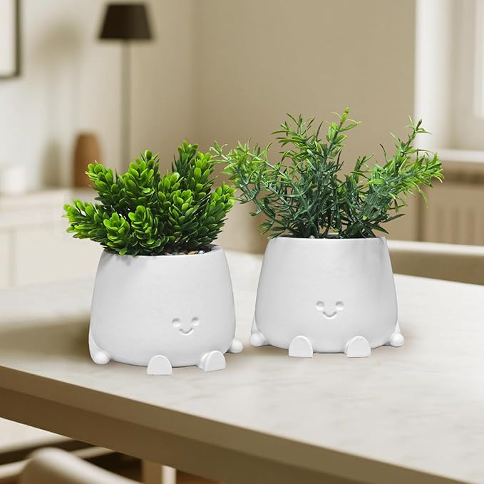 White Planters with Artificial Plants Set - 2Pack Smiley Face Plants Pot with Fake Plant, Faux Succulent Plant Pots for Bathroom/Kitchen/Sill/Office Home Decor, Gifts for Mom/Women
