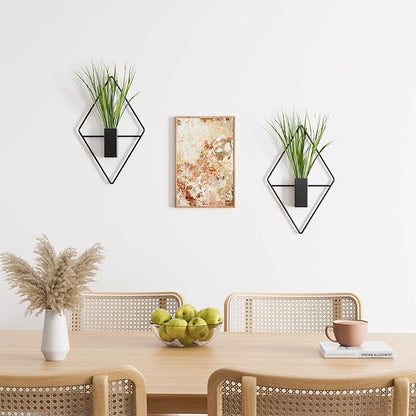 Cute Set of 2 Small Wall Hanging Planters, 10x5 Inch Mini Geometric Wall Vase with Artificial Plants, Compact Boho Farmhouse Decor for Bathroom, Living Room, Bedroom, Office (Black)