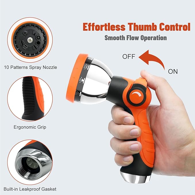 Garden Hose Nozzle, Hose Sprayer Nozzle with 10 Spray Patterns, Thumb Control On Off Valve, High Pressure Metal Water Hose Nozzle for Car Wash, Plants, Pets & Outdoor Cleaning, Orange
