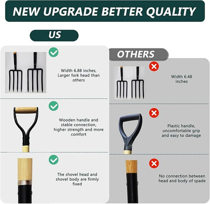 Garden Fork, 4-Tine Spading Digging Fork, Pitch Fork-45Inch, Forged Steel Y-Grip, Wood Handel-Red