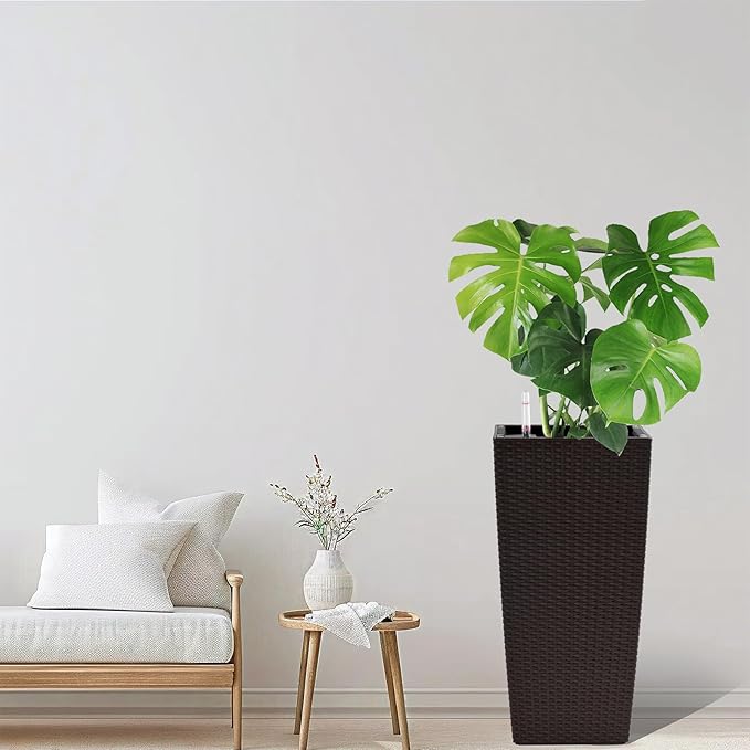 2 Pack Tall Planters for Indoor or Outdoor Plants, Self-Watering Pots with Drain Holes, 22-Inch High Faux Rattan Design Modern Tall Square Planter Box for Porch, Patio, Backyard (Pack of 2, Brown)
