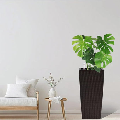 2 Pack Tall Planters for Indoor or Outdoor Plants, Self-Watering Pots with Drain Holes, 22-Inch High Faux Rattan Design Modern Tall Square Planter Box for Porch, Patio, Backyard (Pack of 2, Brown)