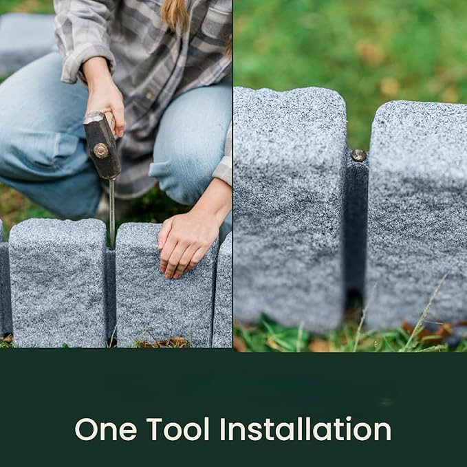 Beuta Landscape Edging | Garden Edging Border | Faux Stone Block XL for Lawn Edging, Flower Beds & Yard Edging – 4 Pack | Each Section Has 6 Blocks 48" L x 4" W x 9.5" H | 12 Spikes | Greystone