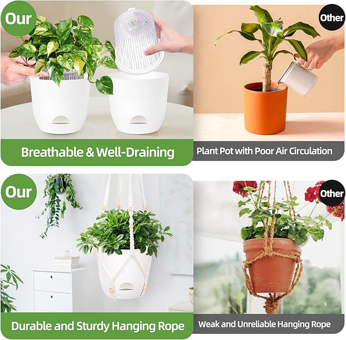 2-Pack 7.1-Inch Self-Watering Orchid Hanging planterS for Indoor & Outdoor baskets,34Inch Macrame Hanger Plant Pots Indoor with Drainage,Small Hanging Planters,With Two Sets of Hooks（Pure white）