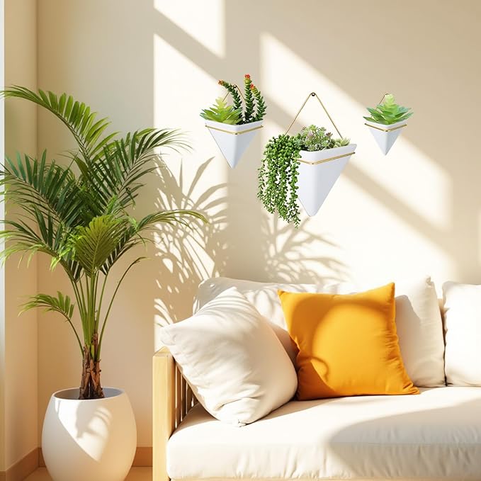 3 Sets Ceramic Wall Hanging Planters Indoor 3 Size Geometric Hanging Planters for Indoor Plants Self Watering Pots with Metal Holder for Air, Cactus, Faux Plants and Home Office Decor