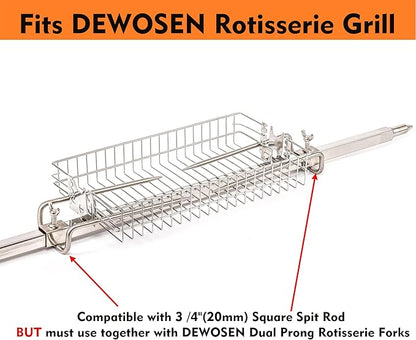 Stainless Steel Flat Rotisserie Grill Basket Standard Size, Fits 1/2" or 3/8" Hexagon, 3/8" or 5/16" Square Spit Rod, If 3/4" Square Spit Rod MUST Use Together With DEWOSEN Rotisserie Forks