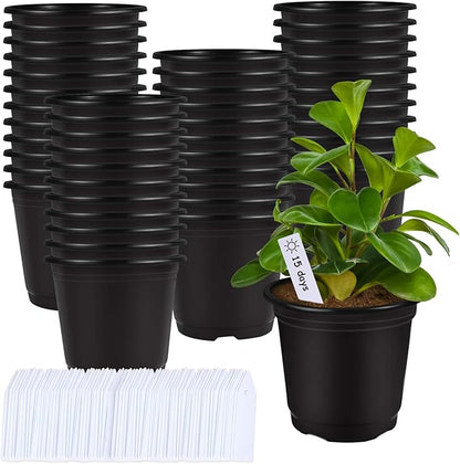 Augshy 75 Pcs 0.5 Gallon Black Plastic Plant Nursery Garden Pots 6 Inches Seed Starting Pots Containers with 100 Labels