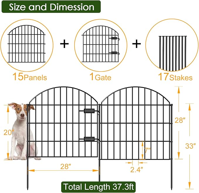 Metal Garden Fence with Gate 28in (H) x 37.3ft (L), 1 Gate + 15 Panels Dog Fences Border Fence Animal Barrier, No Dig Garden Fencing for Yard Backyard Landscape, ECG2816G Black