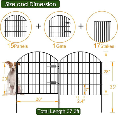 Metal Garden Fence with Gate 28in (H) x 37.3ft (L), 1 Gate + 15 Panels Dog Fences Border Fence Animal Barrier, No Dig Garden Fencing for Yard Backyard Landscape, ECG2816G Black