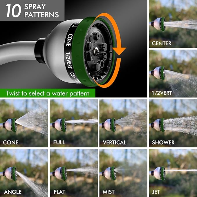 RESTMO Watering Wand Heavy Duty, Metal Garden Hose Wand with 10 Spray Patterns, 15-Inch Long Hose Nozzle Sprayer with Thumb Flow Control, Ideal to Water Hanging Baskets and Shrubs, Green