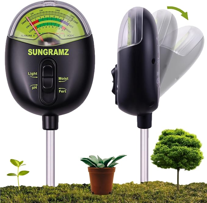 Soil Moisture Meter for Plants, 4-in-1 Moisture/pH/Fertility/Sunlight Dial Display, pH Soil Tester for Garden, Lawn, Farm, Indoor & Outdoor Use, No Battery Required, Black