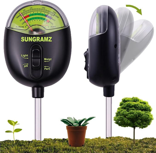 Soil Moisture Meter for Plants, 4-in-1 Moisture/pH/Fertility/Sunlight Dial Display, pH Soil Tester for Garden, Lawn, Farm, Indoor & Outdoor Use, No Battery Required, Black