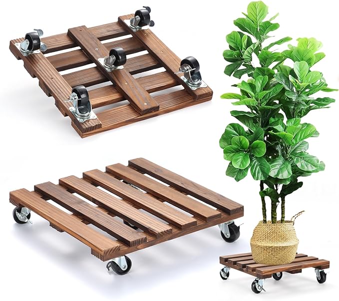 2 Pack Plant Stand with Wheels, 12" Rolling Plant Stand 264 LBS Heavy Duty Wooden Square Plant Caddy with Metal 360° Lockable Caster Wheels for Outdoor Indoor Large Plant Pots, Flower Pot, Patio