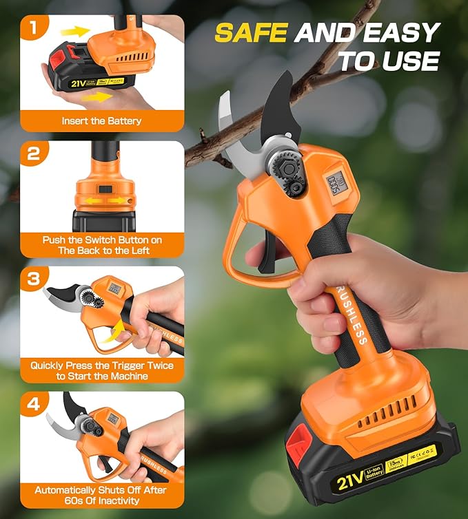 Electric Pruning Shears, Cordless Pruning Shears 1000W Brushless Power Shears 1.4'' Diameter Electric Pruner with LCD Display 2 * 2Ah Battery Pruning Shear Gift for Men Dad Husband Fathers Gardener