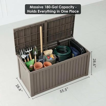 180 Gallon Resin Deck Box with Lockable Lid - Outdoor Waterproof Storage for Patio Furniture, Garden Tools, Cushions & Pool Accessories, All-Weather Wood Grain Design
