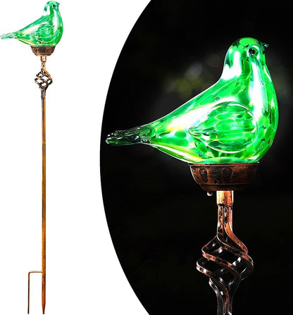 Decorative Solar Lights, Outdoor Solar Bird Stake Lights, Hand Blown Glass Decorative Garden Pathway Lights Outdoor Waterproof Glass Stakes (Green)