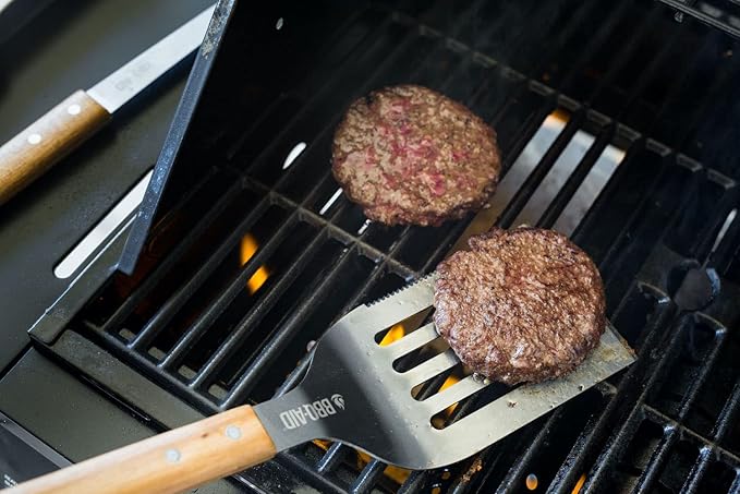 BBQ-AID Pro BBQ Metal Spatula - 17" Barbecue Spatula Stainless Steel with Serrated Knife Edge - Acacia Wood Handle - Heavy Duty Built to Last