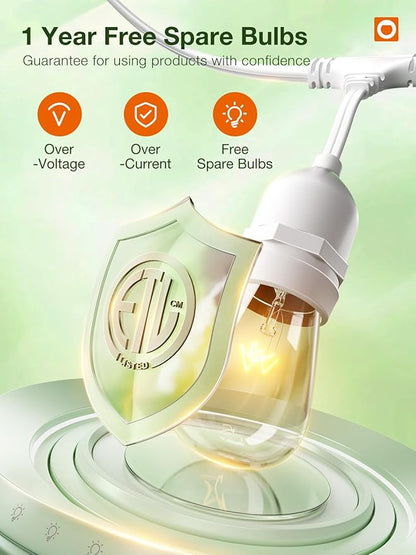 addlon 96FT(48FT*2) Outdoor String Lights White Commercial Grade Weatherproof Strand, 36 Edison Vintage Bulbs, 30 Hanging Sockets 6 Spare Bulbs, ETL Listed Decorative Lights for Patio Garden