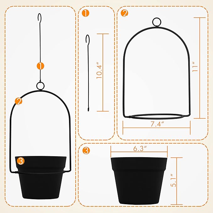 Gardzen 3 Packs Hanging Pots for Plants Outdoor & Indoor, Black Hanging Planter, Pot Hangers for Plant Flower