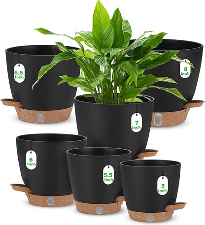 Self Watering Planter Set with Visual Water Level, 6Pack Small Plastic Pot with Drainage Holes and Reservoir Saucers, Modern 8+7+6.5+6+5.5+5 Inch Bottom Watering Flower Pots for Indoor Plant - Black