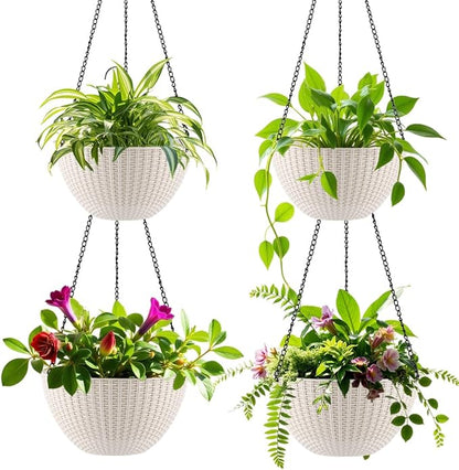 Hanging Planters for Indoor Outdoor Plants 8 and 10 Inch, 4 Packs Hanging Flower Pot with Drainage Holes, Self-Watering Hanging Basket Perfect for Home, Office and Garden, White