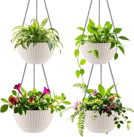 Hanging Planters for Indoor Outdoor Plants 8 and 10 Inch, 4 Packs Hanging Flower Pot with Drainage Holes, Self-Watering Hanging Basket Perfect for Home, Office and Garden, White
