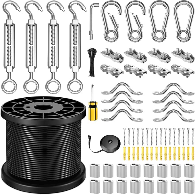 String Light Hanging Kit with 164FT Vinyl Coated Stainless Steel 304 Wire Rope Suspension Kit Included Enough Accessories with Turnbuckles and Hooks for Patio, Garden and Wedding Lighting