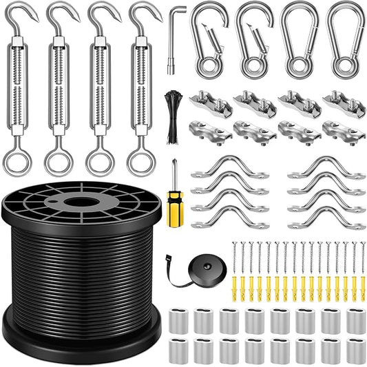 String Light Hanging Kit with 164FT Vinyl Coated Stainless Steel 304 Wire Rope Suspension Kit Included Enough Accessories with Turnbuckles and Hooks for Patio, Garden and Wedding Lighting