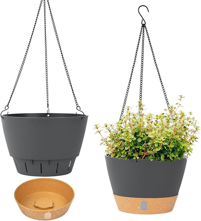 QCQHDU 2 Pack 8 Inch Hanging Planters for Indoor Outdoor Plants, Hanging Baskets Flower Pots with Reservoir Tray & Visible Water-Level