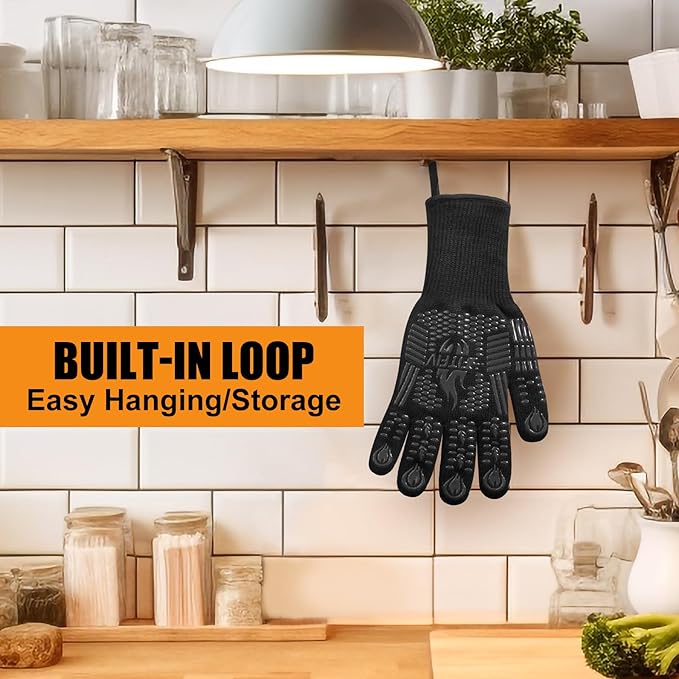 BBQ Gloves, Oven Gloves, Extreme Heat Resistant Barbecue Gloves, Silicone Non-Slip Oven Mitts, Kitchen Gloves for Cooking, Grilling, and Baking (Black)