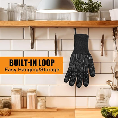 BBQ Gloves, Oven Gloves, Extreme Heat Resistant Barbecue Gloves, Silicone Non-Slip Oven Mitts, Kitchen Gloves for Cooking, Grilling, and Baking (Black)