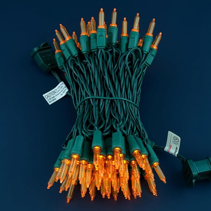 100 Orange One-Piece LED Christmas Lights, 33 ft Green Cord High Waterproof UL Certified T5 Outdoor String Lights (Orange)
