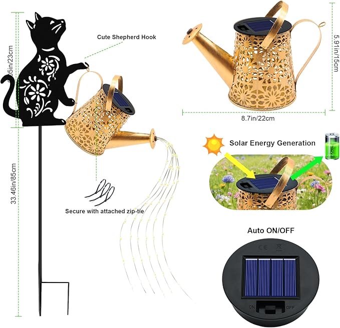 Solar Watering Can Lights, Cat Hanging Lantern Solar Lights Outdoor, Cat Lover Gifts for Mom Women Birthday Mother's Day Christmas, Waterproof Garden Decor Outside Patio Yard Pathway Backyard