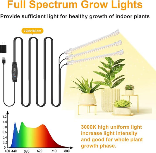 LED Grow Light Strips, Grow Lights for Indoor Plants Full Spectrum 3000K, Plant Light Bar with 3/9/12H Timer, 10 Dimmable Levels for Seedling Succulent,Best Match for Plant Shelf(3 Head×2 Pack)
