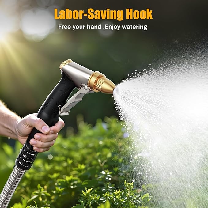 Heavy Duty Brass Garden Hose Nozzle High Pressure Metal Water Spray Nozzle with 4 Adjustable Patterns for Garden Watering, Car Washing & Pet Bathing (Brass)