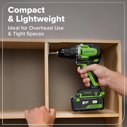 GREENWORKS 24V 1/2” Brushless Cordless Drill (800 In-lbs.), 4.0Ah (24,000mAh Power Bank) USB-C Battery, 3.3 FT Braided Cable, 65W Rapid Charger